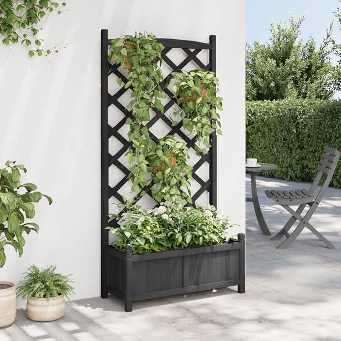 Black Matte Fir-Wood Trellis Planter 59.1 Tall Raised Garden Bed with Drainage Holes for Patio Balcony Outdoor Indoor Climbing Plants Large Rectangular Container