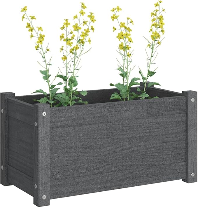 Garden Planter Set of 2 Grey Solid Pinewood Medium Durable Outdoor Raised Garden Bed Rectangular Planter Box for Flowers Herbs Balcony Patio