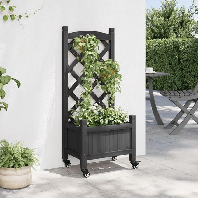Black Wooden Raised Garden Bed with Trellis and Wheels 11.8 x 15.7 x 38.4 in Outdoor Elevated Planter Box Solid Douglas Fir Wood for Patio Balcony Garden and Indoor Spaces