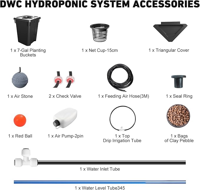 DWC Hydroponics Growing System with Top Drip Kit 7 Gallon Deep Water Culture Bucket System with Air Pump Air Stone Air Hose Recirculating Drip Garden System