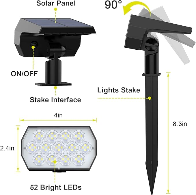 Solar Spot Lights Outdoor Waterproof IP65 [6 Pack/52 LED] 2-in-1 Solar Landscaping Spotlights 3 Lighting Modes Solar Powered Garden Flood Light for Patio Pathway Driveway Yard Pool (Cool White)