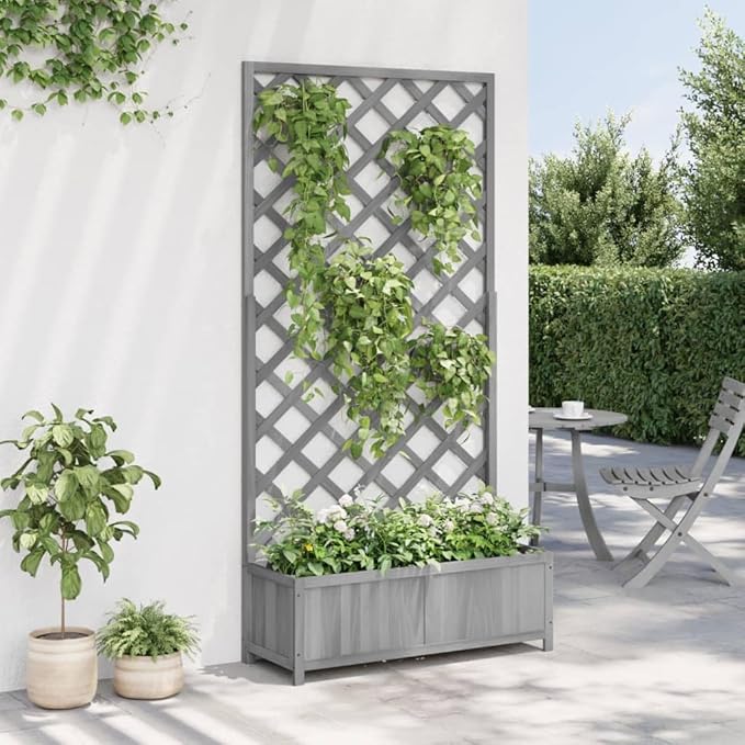Planter with Trellis Garden Boxes Raised Garden Bed Trellis for Climbing Plants Outdoor Suitable for Backyard Patios Flowers Restaurants Gray Solid Wood Fir