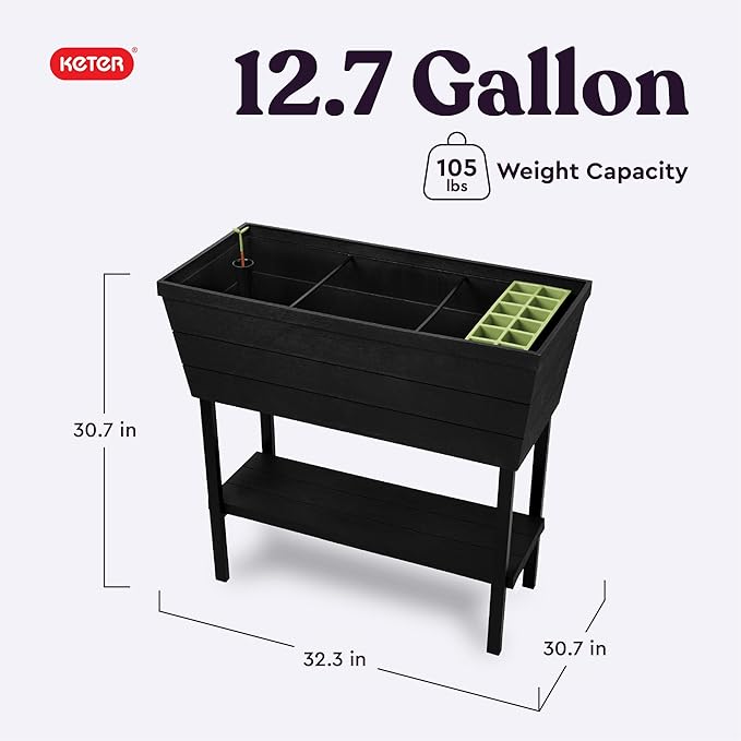 Keter Urban Bloomer 12.7‑Gallon Raised Garden Bed – Elevated Outdoor Planter Box with Self‑Watering Reservoir Water Gauge &amp Drainage System Perfect for Herbs &amp Vegetables Dark Grey
