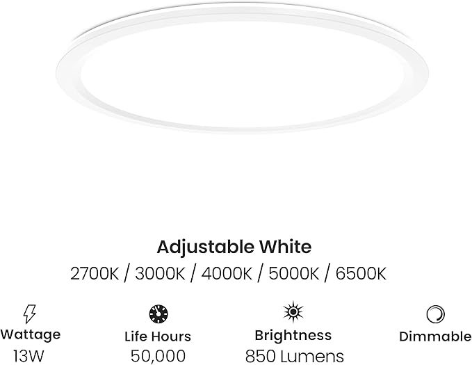 Feit Electric 11 Round LED Flat Panel Light Adjustable White 5 Color Temperatures Night Light Mode Dimmable Slim Profile with Interchangeable Magnetic Frames FP11RT/5CCT/NL/WH