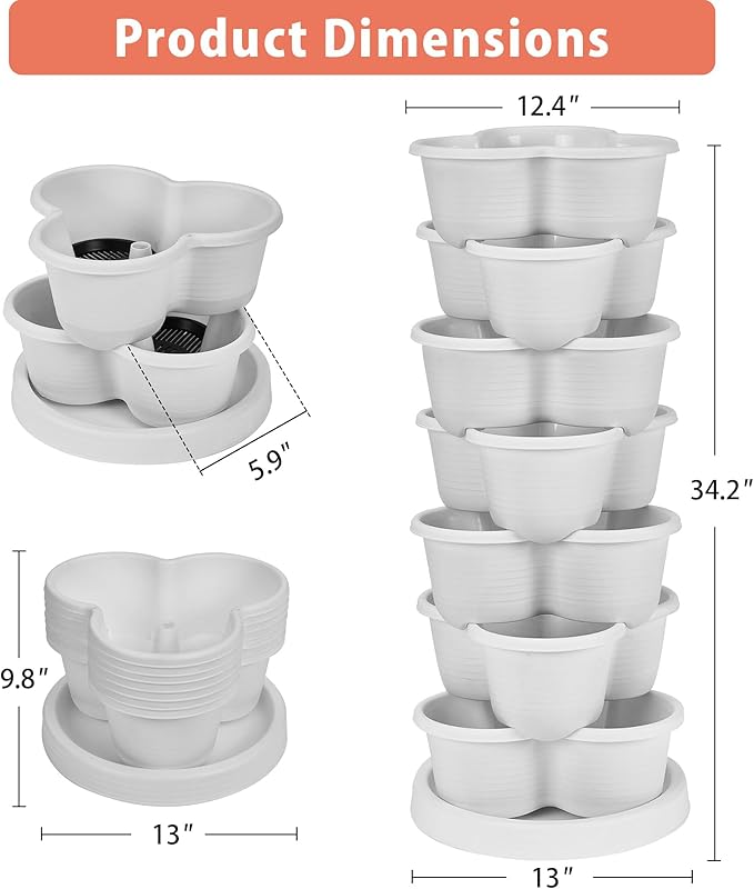 VECELO 7 Tier Vertical Garden Planter Self Watering Stackable Planters with Wheels for Strawberries Herbs Flowers Vegetables White