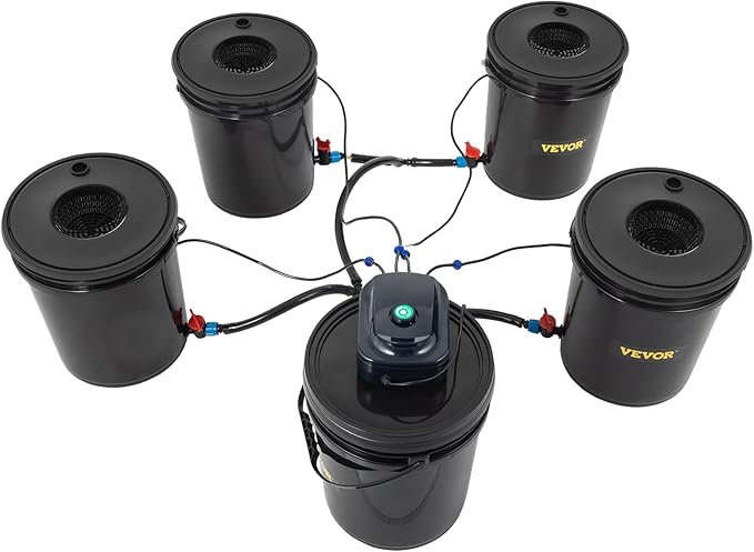 VEVOR DWC Hydroponic System 5 Gallon 5 Buckets Deep Water Culture Growing Bucket Hydroponics Grow Kit with Pump Air Stone and Connected Reservoir for Indoor/Outdoor Leafy Vegetables