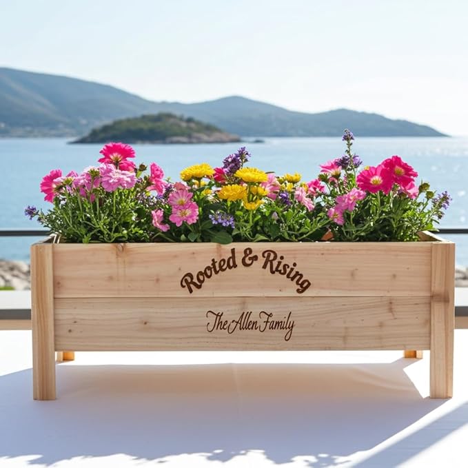 Personalized Cedar Raised Planter Box – Custom Engraved Wooden Garden Boxes for Weddings Events Restaurants &amp Coffee Shops Handmade in USA