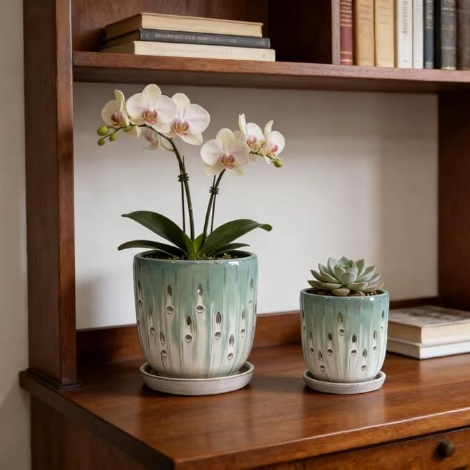 Handmade Green White Gradient Ceramic Planter Set (7.48×5.51 8.07×6.1) Indoor Outdoor Flower Pots for Orchids Succulents by Window Breathable Holes Lightweight