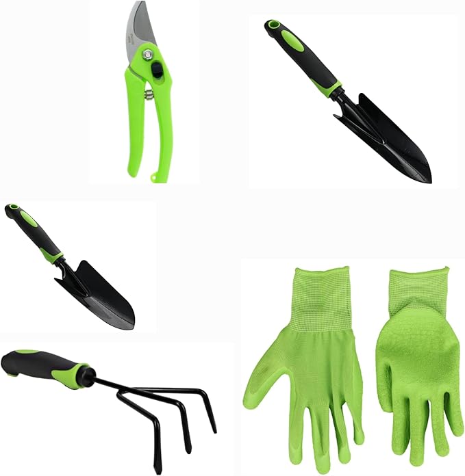 DADE Garden Hand Tools Sets Knit-Latex Grip GlovesSoft-Grip Handles Small Shovel Soft-Grip Handle Trowelby-Pass Pruning ShearSoft-Grip Handle Cultivators (Green) 5 Pcs
