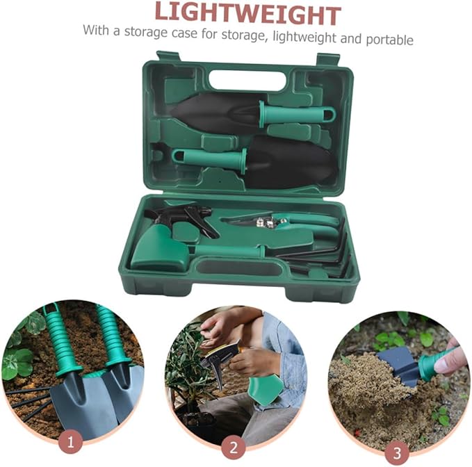 GANAZONO 5pcs Stainless Steel Garden Tool Set with Carry Case Includes Shovel Rake Pruner for Outdoor Planting and Flower Gardening Portable Gardening Hand Tools Kit for Lawn and Garden
