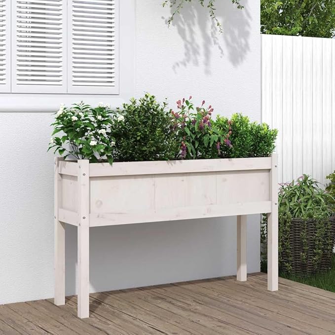 White Solid Pine Wood Garden Planter 43.3 inch Square Raised Garden Bed Outdoor Planter Box for Flowers Herbs Vegetables Durable Finish