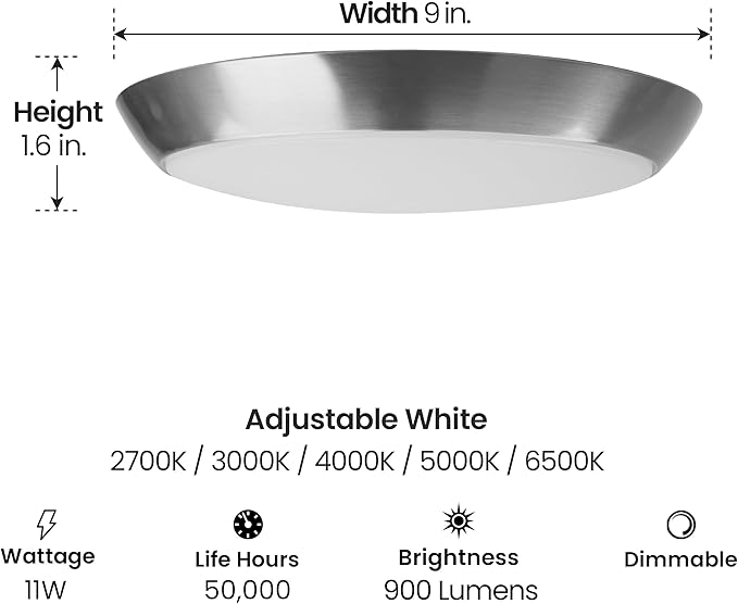 Feit Electric 9 Adjustable White LED Ceiling Light Dimmable Flush Mount Fixture Brushed Nickel Finish Selectable Color Temperature 900 Lumens 50000-Hour Lifespan FM9/5CCT/NK