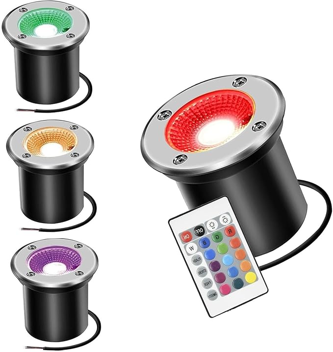 4PCS Outdoor Recessed Spot Light - Landscape Lights IP67 Waterproof Stainless Steel Color Changing Garden Buried Lights AC 12V-24V With Remote Control Spotlights Lawn Ground Lights(3W(12V))