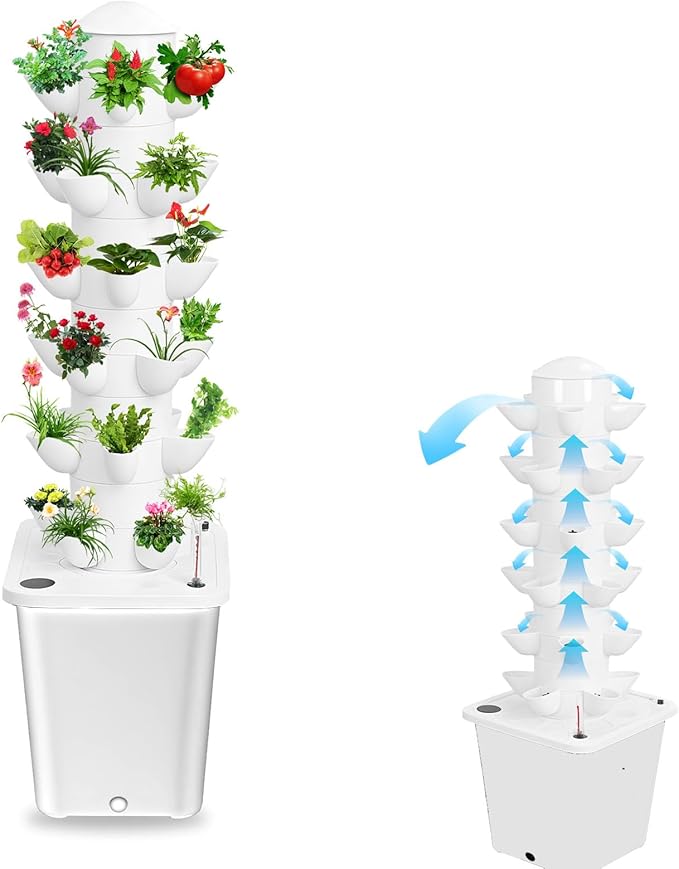 Vertical Hydroponics Garden Tower 30-Plant Hydroponic Growing System with 10L Tank 6 Layers Tower Garden Hydroponics Growing System Automatic Watering for Home Indoor Gardening System White