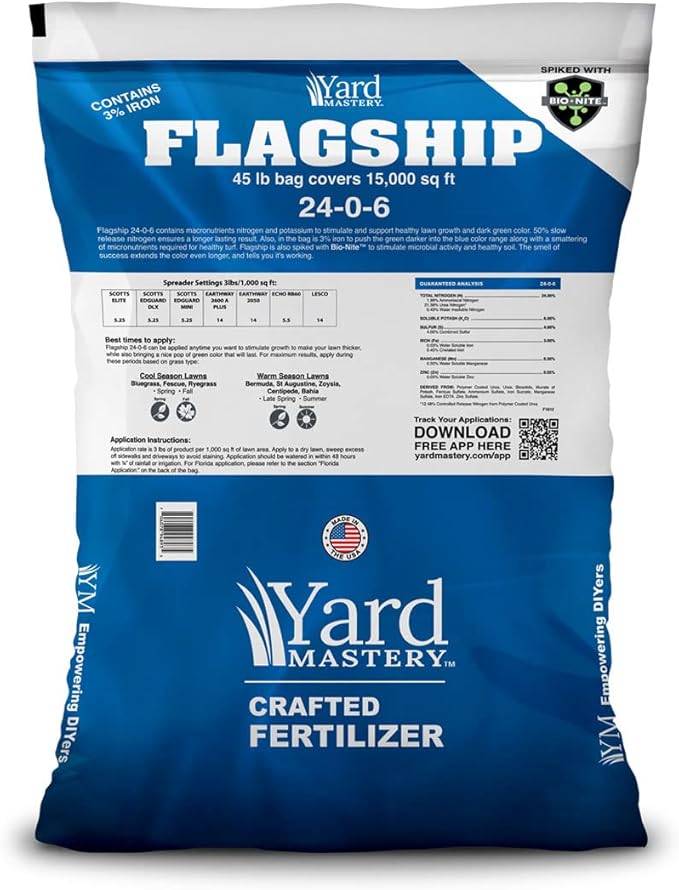 Yard Mastery 24-0-6 Flagship Granular Lawn Fertilizer with 3% Iron Bio-Nite™ 45 lb Bag Covers 15000 sq ft 6% Potassium Micronutrients and 24% Slow Release Nitrogen Grass Fertilizer for Lawn Care