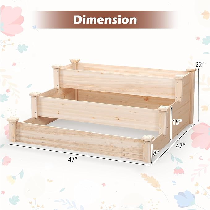 Giantex 3-Tier Raised Garden Bed Tiered Planter Box w/Open-Ended Base Fir Wood Elevated Raised Beds for Gardening Vegetable Flower Herb Fruit Perfect for Patio Lawn Backyard