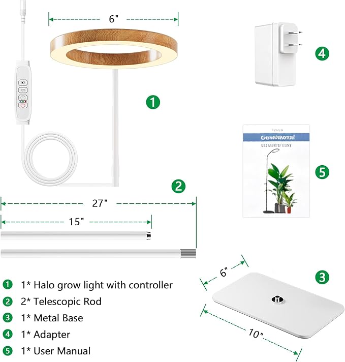 One Head Grow Light for Indoor Plants Full Spectrum - Floor Standing Plant Lamp with Auto Timer 6/12/18H 5-Level Dimmable &amp Adjustable Height 16.5-68in for Large Tall Plants |Faux Wood Design