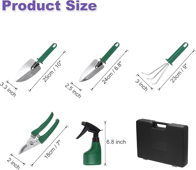 HARFINGTON 1 Set Garden Tool Set 5 Pieces Plastic Gardening Planting Tools Kits with Shovels Rake Scissor Water Sprayer and Store Case Green