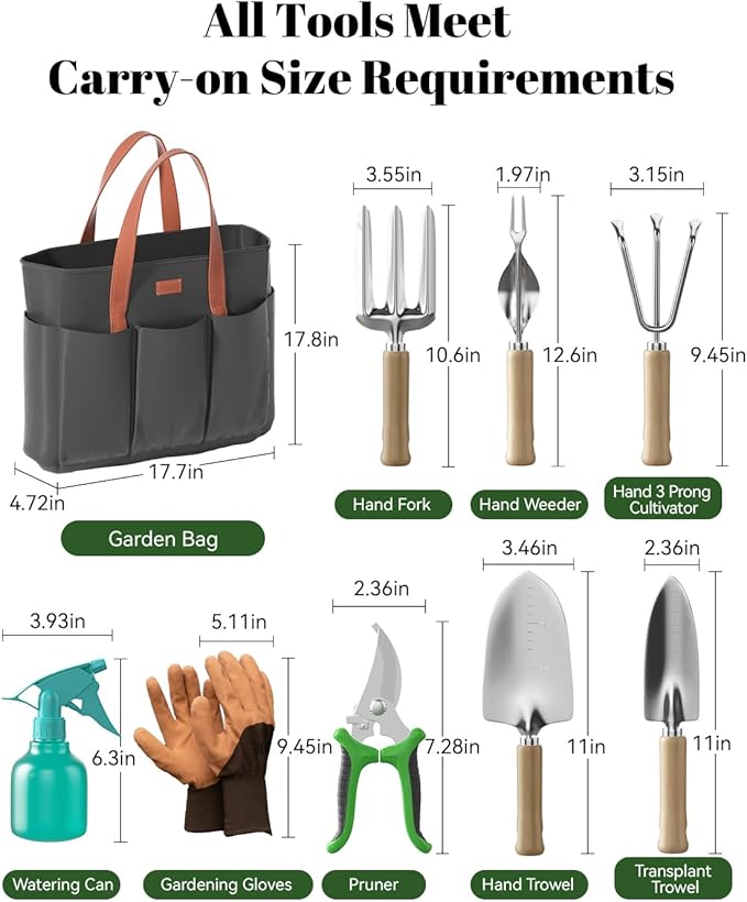 VerdantVibes 9-Piece Garden Tool Set - Heavy Duty Gardening Hand Tools with Ergonomic Non-Slip Grips Rust-Resistant Shovel Trowel Rake Pruner &amp Storage Bag - Ideal Gardening Gifts for Women