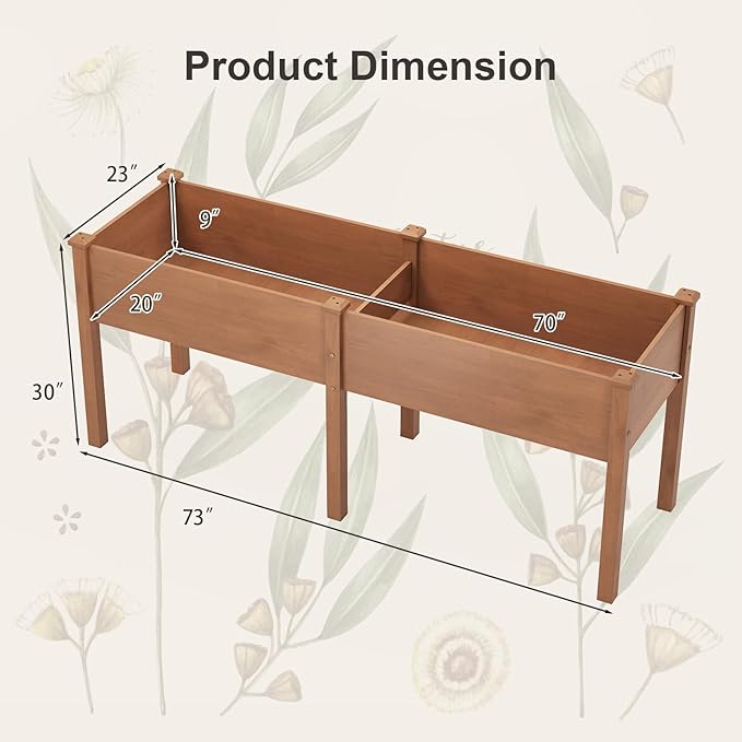 HAPPYGRILL Raised Garden Bed Outdoor Planter Raised Bed w/Drainage Holes Divider Panel 6 Supporting Legs Elevated Wood Planter Box for Backyard Patio Balcony 73” x 23” x 30” (L x W x H) (Brown)