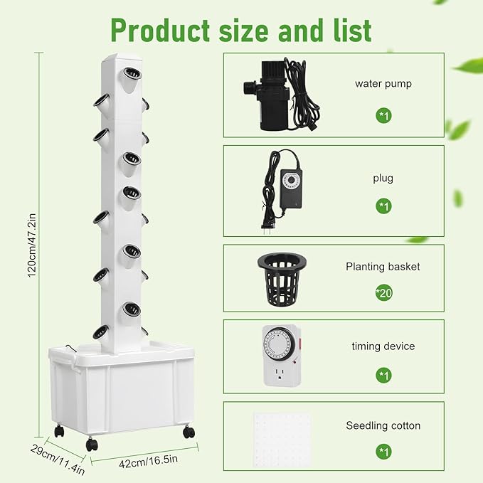 Movable Hydroponic Tower with Water Pump &amp Wheels 20-Plants Vertical Planter Tower Movable Hydroponic Growing System Kit 5 Layers Herb Garden Planter Indoor Kit for Gardening Lover White 1