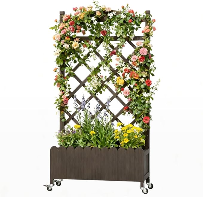 COMHOMA Raised Garden Bed with Trellis and Wheels48Inch Elevated Planter Box with Drainage HolesLattice Privacy Screen for Climbing Plants VegetablesOutdoor for Patio Balcony YardBrown