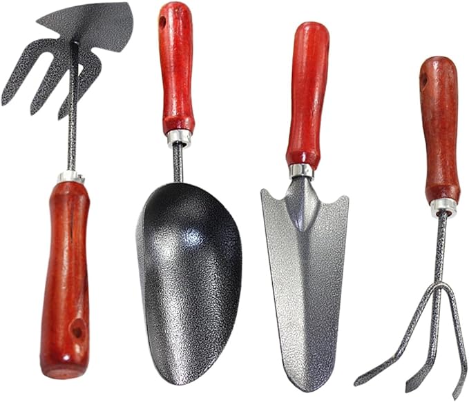 Garden Tool Set 4pcs Mini Hand Trowel Soil Scoop with Extended Narrow Shovel 3-Prong Hand Rake Dual-use Hoe and Rake for Flower Planting and Vegetable Gardening