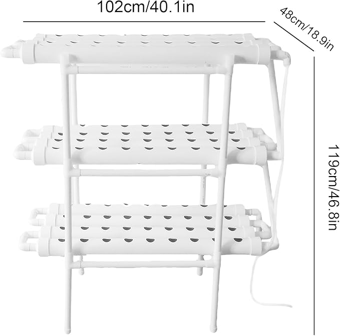 Upgraded Hydroponics Growing System Kit 108 Plant Sites 3 Layer 12 Food-Grade PVC-U Pipes with Water Pump Timer Nest Basket and Sponge Hydroponic Planting System for Leafy Vegetables