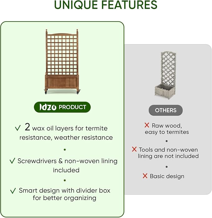 Idzo Raised Garden Bed with Trellis Durable Oil Coated Planter with Trellis 50 Inches Height Vertical Gardens Outdoors with Lockable Wheels and Convenient Non Woven Lining