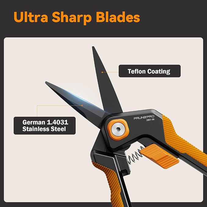 PrunePro Garden Scissors Pruning Shears Sharp Stainless Steel Non-Stick Teflon Coating Blade for Precise Cuts Garden Snip Bonsai Clippers for Plants Rose Flower Green &amp Orange