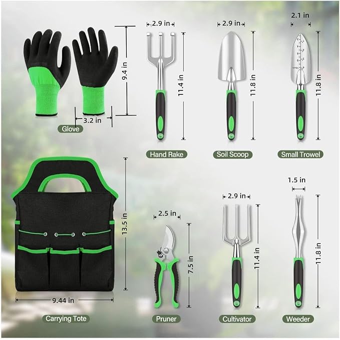 Garden Tool Set 8 PCS Stainless Steel Heavy Duty Gardening Tool Set with Non-Slip Rubber Grip Storage Tote Bag Outdoor Hand Tools Pruning Shears Set Gardening Tool Kit（Green）