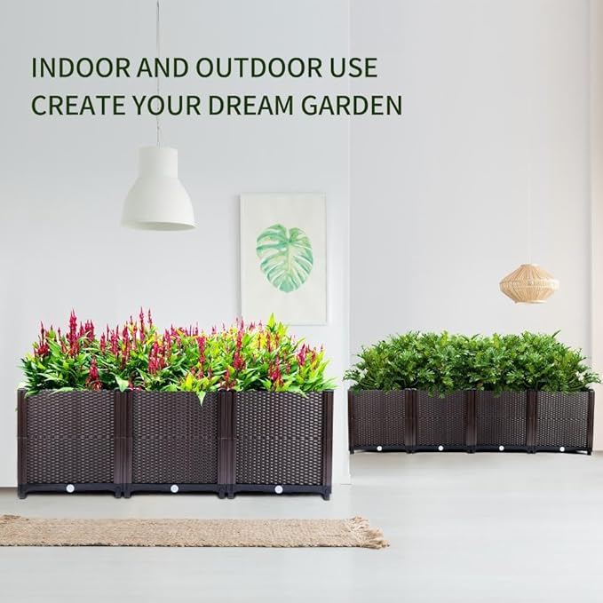 Emalie Deep Raised Garden Beds Large Plastic Planter Box with Drainage Plugs for Veggies Flowers Herbs Deep Root Plants Growing 63.0 Lx15.7 Wx16.9 H Brown
