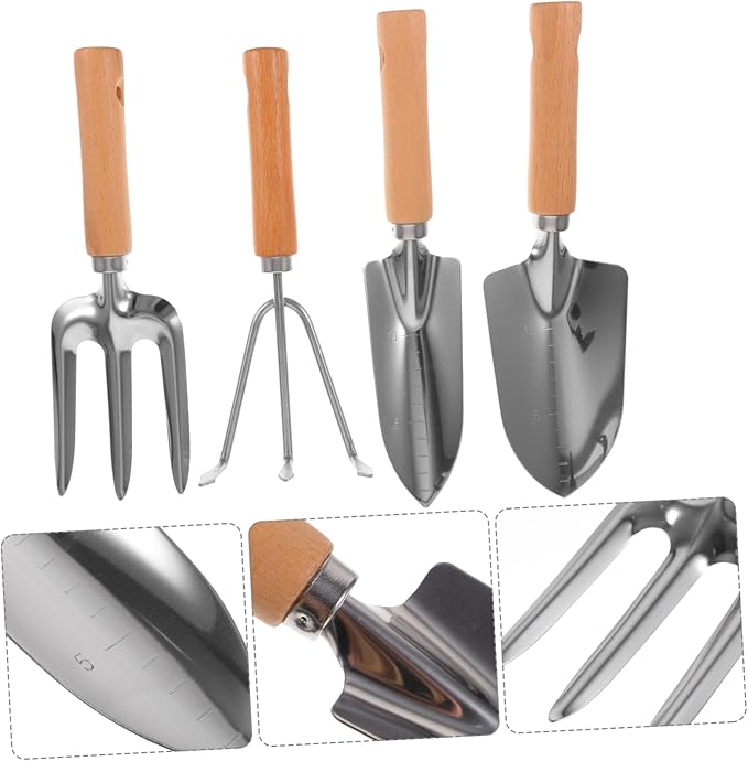 4-Piece Garden Tool Set Gardening Shovel Rake Hoe Shears Stainless Steel Wooden Handles Compact for Storage