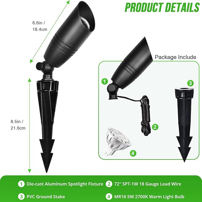 wowlite Low Voltage Spot Lights Outdoor LED 4 Pack Die-cast Aluminum Landscape Spotlights Waterproof Black Uplights with MR16 Bulbs Ground Stake for Garden Courtyard Pathway