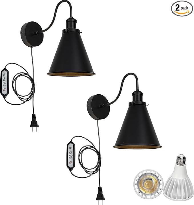 2-Pack Hook Mounted Plant Light Full Spectrum 6000K 25W White Light Timing Plug in Cord Vintage Cone Shade Goose Neck Wall Lamp for Indoor Plants Flowers Growing