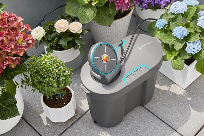 GARDENA (13301) Solar-Powered AquaBloom Garden Irrigation Sprinkler Kit with Water Tank: Water up to 20 Potted Plants with Adjustable drip Irrigation System for Automatic Watering of Patio Plants.