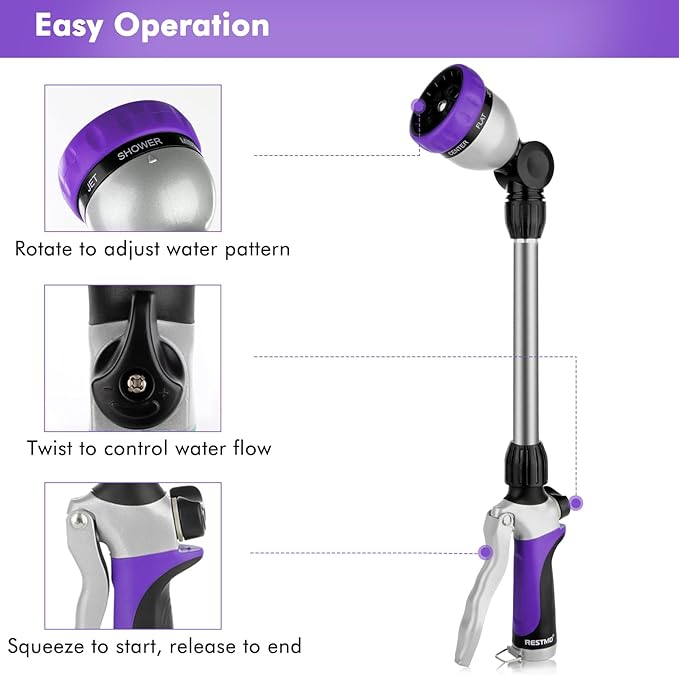 RESTMO Metal Watering Wand Heavy Duty Garden Hose Wand with 180° Swivel Ratcheting Head 16'' Hose Nozzle Sprayer with 7 Spray Patterns and Flow Control for Water Hanging Baskets and Shrubs Purple