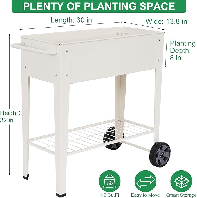 Elevated 32 Tall Raised Garden Bed with Legs and Wheels for Mobility Metal Planter Boxes Outdoor with Shelf Raised Bed for Gardening Vegetables/Herbs Backyard Patio Balcony White