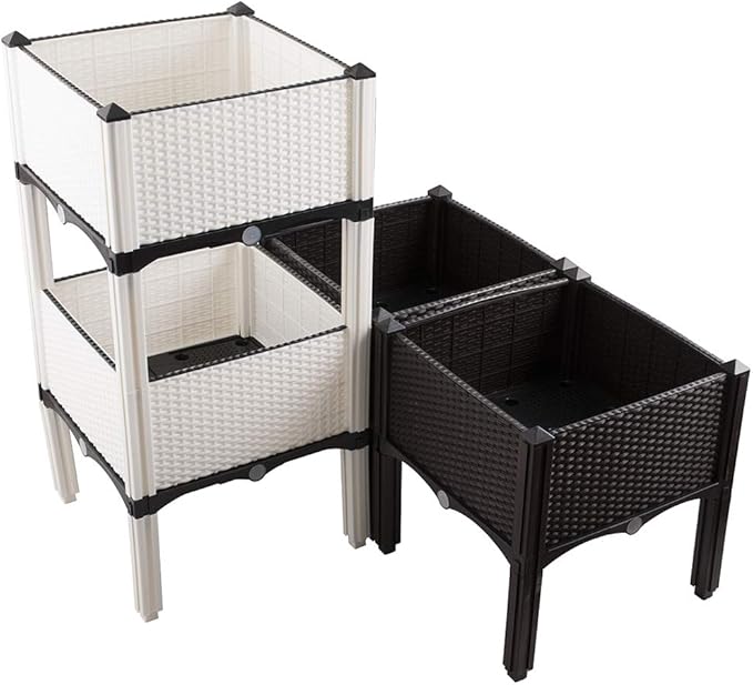 Modern Home Raised Planter Kit - Stackable Modular Flower/Garden Bed Kit - Stacking Brown/White Planter Sets for Home Restaurant Office Garden (White Set of 4)