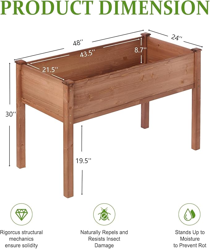 Raised Garden Bed with Legs 48x24x30 in Planter Boxes Outdoor Elevated Wooden Planter Box Standing Growing Bed for Gardening Backyard Patio and Balcony (Coffee 48x24x30)
