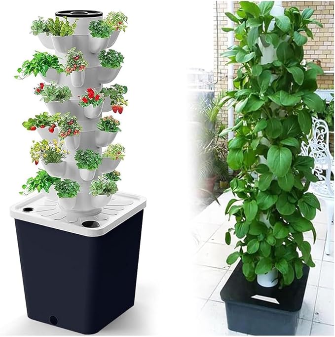 Tower Garden Hydroponics Growing System 10-30-Plant Sites Vertical Garden Planter Indoor Smart Garden Kit with Pump and Movable Water Tank (No Seedlings Included) (Color : Gris Size : 30 Holes)