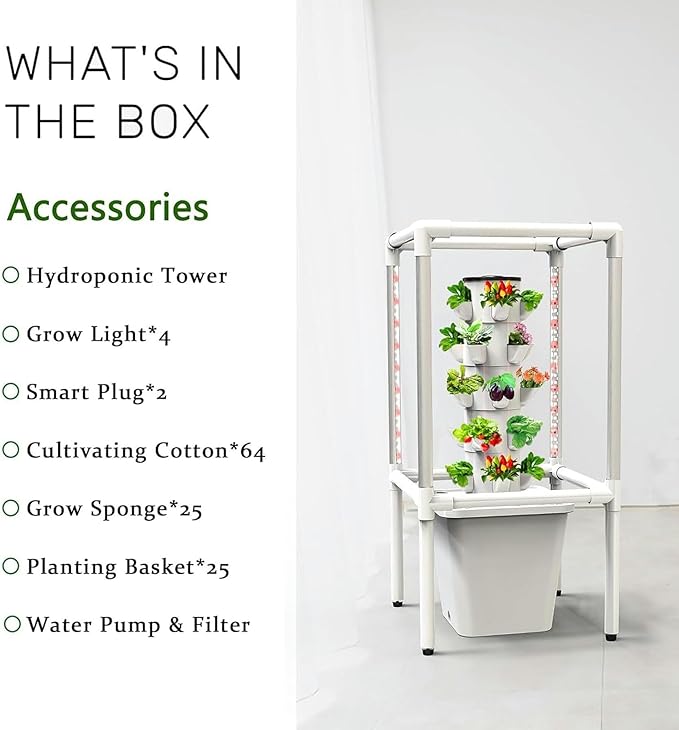 Smart Garden Planter Garden Hydroponics Growing System 30 Pods Plant Germination Kit Hydroponics Tower with LED Grow Light Aeroponics Growing Kit with Hydrating Pump Adapter Net Pots Timer