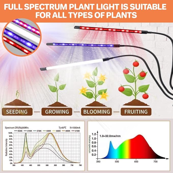 Grow Lights for indoor Plants full Spectrum 6000k with Timer Clip V-Stand &amp Tools Kit 3 Flexible Gooseneck Plant Grow Lights with Mist Bottle 3/9/12H Auto Timer 4 Switch Modes &amp10 Dimmabl