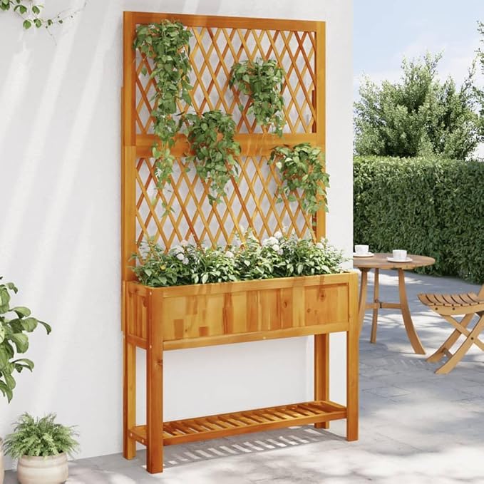 Wooden Planter with Trellis and Shelf Raised Garden Bed with Trellis Wood Planter Bed with Legs and Storage Shelf 39.4x12.6x72.8 Solid Wood Acacia-506