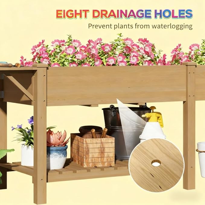 Elevated Garden BedWood Raised GBoxwith Side TableBottom ShelfBed Liners and Drainage Holes