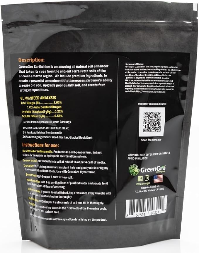 GreenGro Earthshine - Biochar &amp Humic Acid Blend/Activated Charcoal/Sequesters Carbon/Organic Soil Booster Top Soil Plant Food/Compost Tea Accelerator/Derived from Worm Castings / 5lb