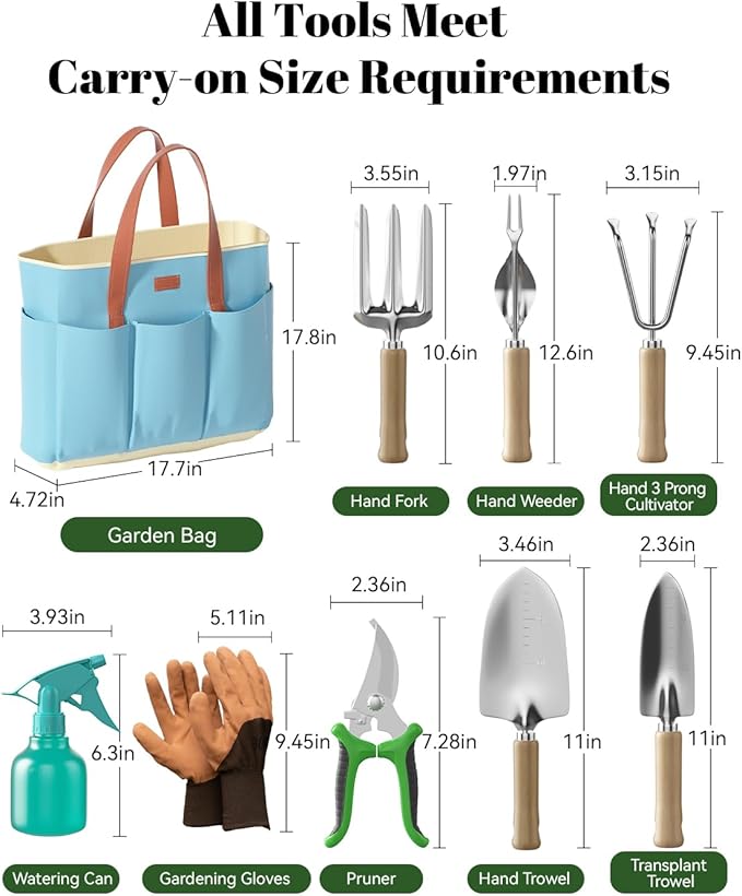 VerdantVibes 9-Piece Garden Tool Set - Heavy Duty Gardening Hand Tools with Ergonomic Non-Slip Grips Rust-Resistant Shovel Trowel Rake Pruner &amp Storage Bag - Ideal Gardening Gifts for Women