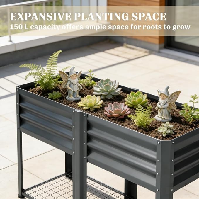 Raised Garden Bed39.6 Gal CapacityPowder-Coated Galvanized Steel Supporting Up to 396 lbsIncludes a Bottom Shelf6 Legsfor Backyard Patio Balcony