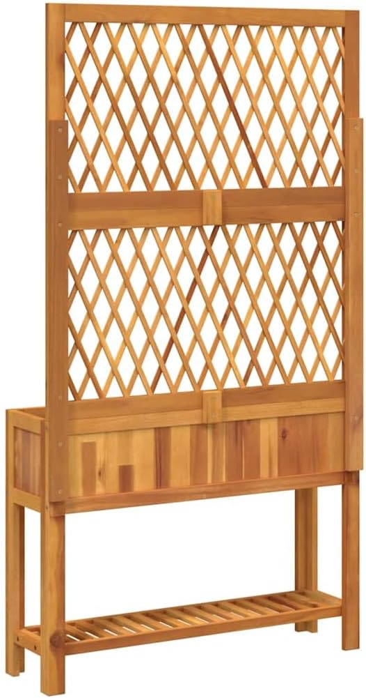Large Natural Acacia Wood Planter with Trellis and Shelf Durable Solid Acacia Raised Garden Bed for Outdoor Plants 12.6x39.4x72.8 Inches