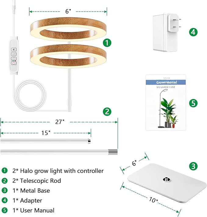 Dual Head Grow Light for Indoor Plants Full Spectrum-Floor Standing Plant Lamp with Auto Timer 6/12/18H 5-Level Dimmable &amp Adjustable Height 16.5-68in for Large Tall Plants | Faux Wood Design